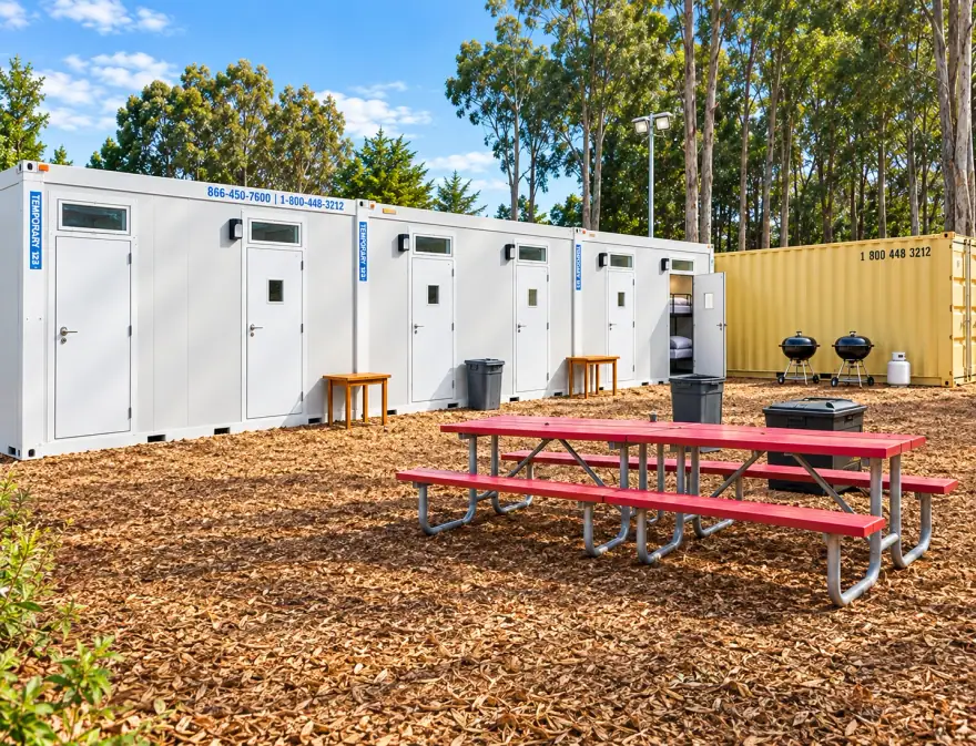 Remote man camp basecamp built from portable accommodation units available for rent in Florida
