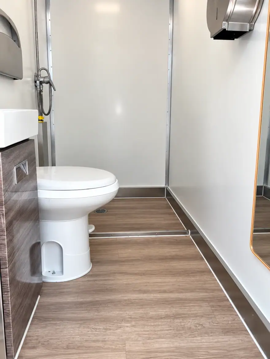 30ft Luxury Shower-Restroom Combination Trailer (10 Stalls) shower and restroom combination trailer: 30ft commercial luxury shower restroom trailer interior