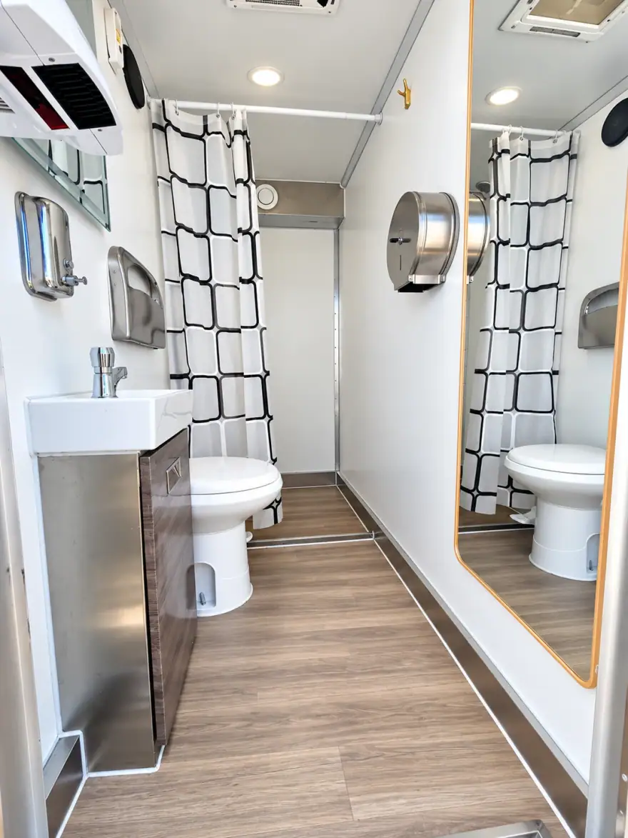 30ft Luxury Shower-Restroom Combination Trailer (10 Stalls) shower and restroom combination trailer: 30ft temporary shower restroom trailer interior