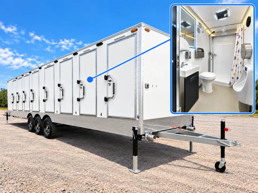 Luxury Shower-Restroom Combination Trailer (8 Stalls + 1 ADA) shower and restroom combination trailer: 8 stall ada shower restroom trailer exterior