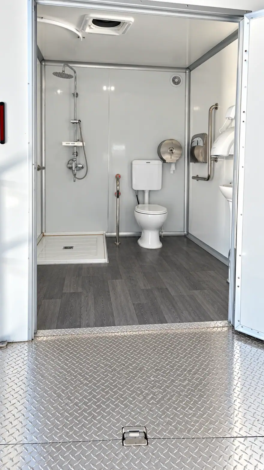 Luxury Shower-Restroom Combination Trailer (3 Stalls + 1 ADA) shower and restroom combination trailer: ada accessible shower restroom trailer