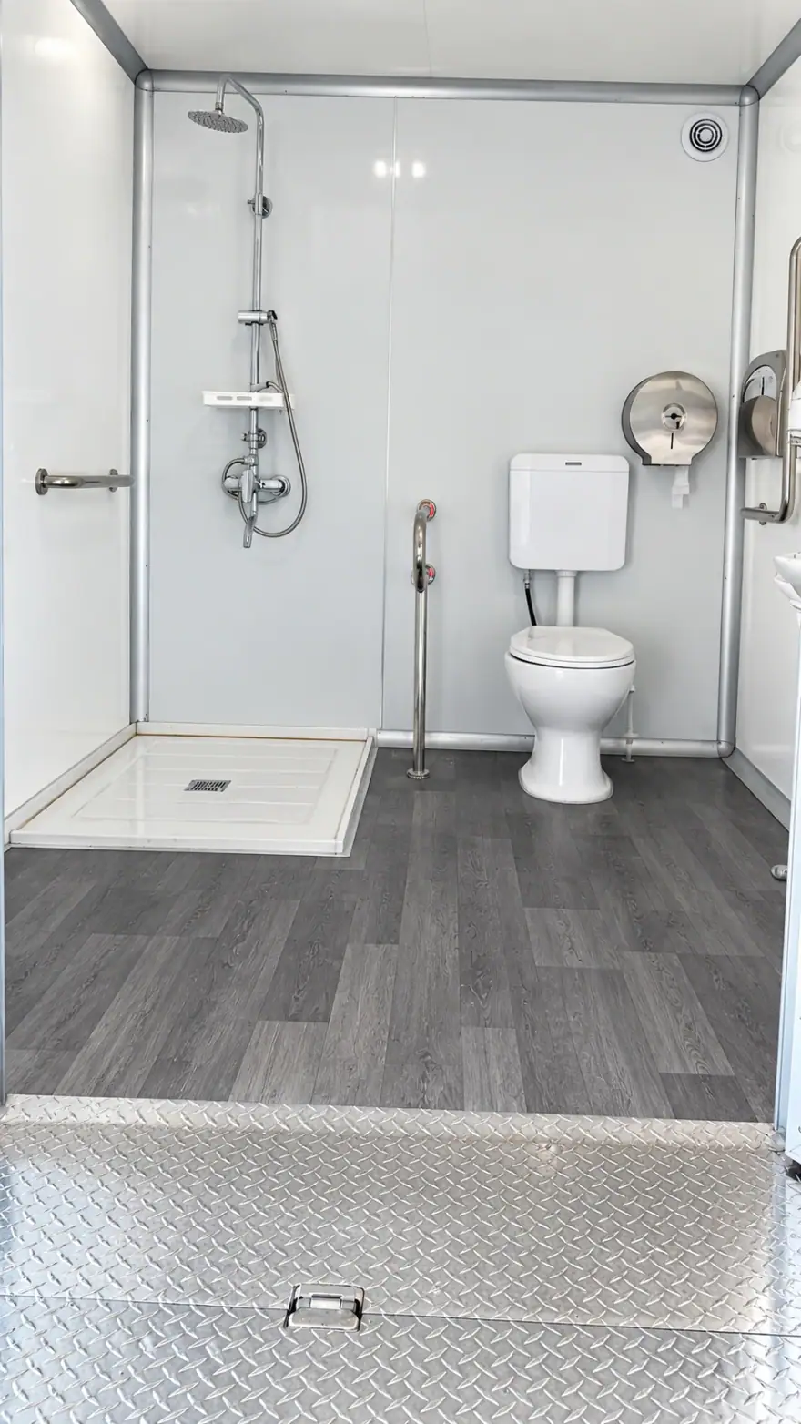 Luxury Shower-Restroom Combination Trailer (8 Stalls + 1 ADA) shower and restroom combination trailer: ada shower restroom trailer interior