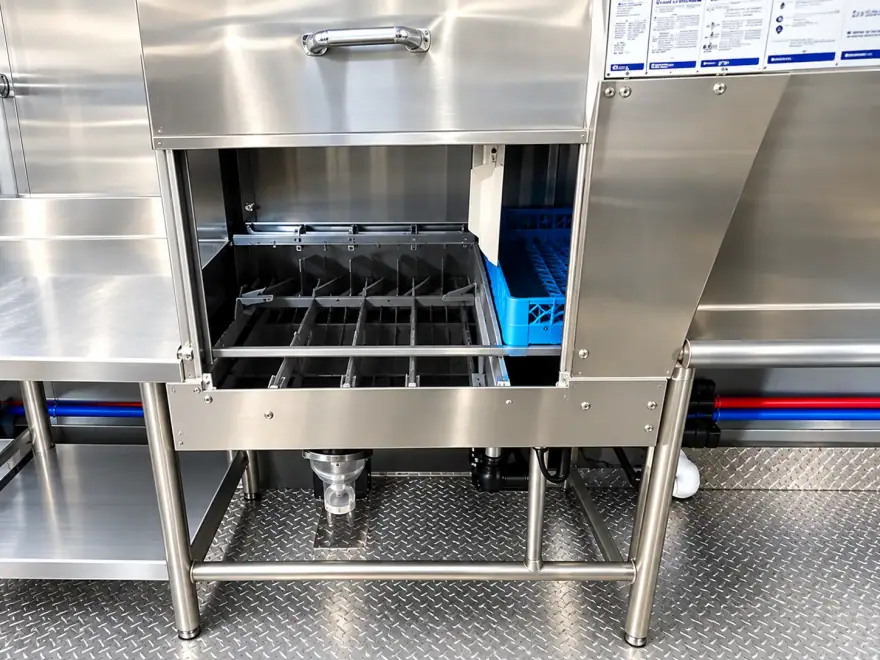 Commercial dishwashing machine inside a dishwashing trailer