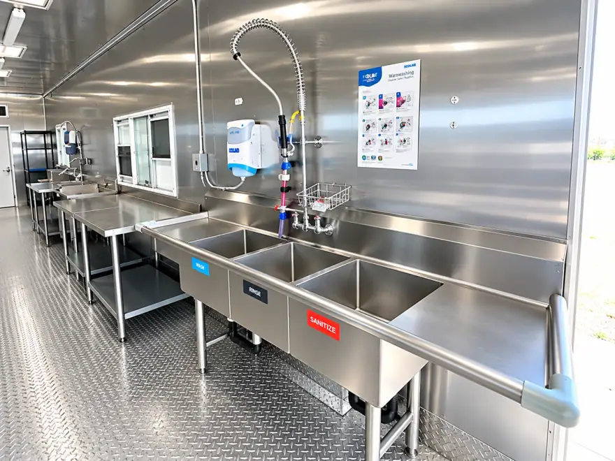 38ft High-Temp Conveyor Dishwashing Trailer commercial dishwashing trailer: dish trailer rental complete interior