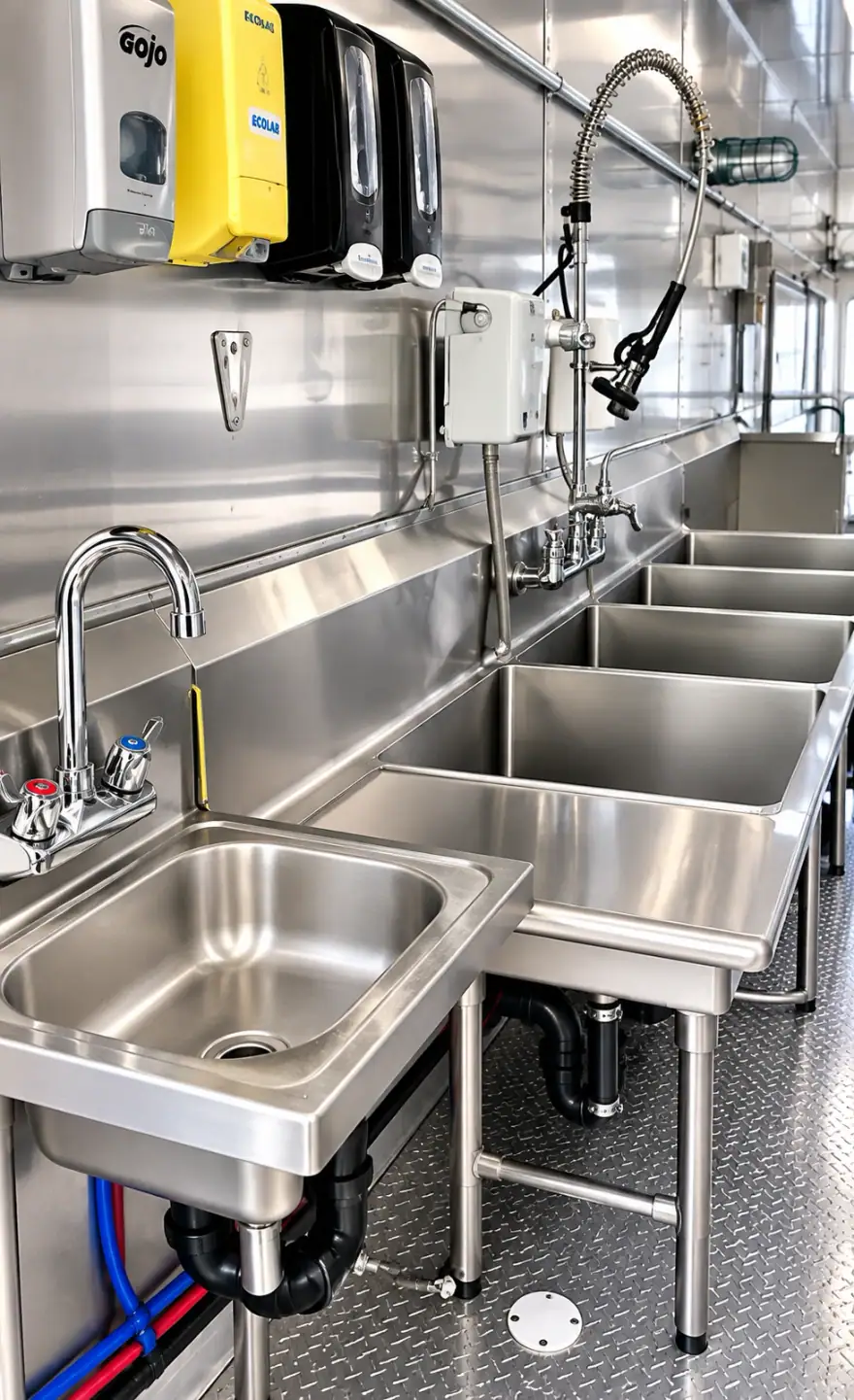 38ft Low-Temp Conveyor Dishwashing Trailer commercial dishwashing trailer: dish trailer sink and pre rinse station