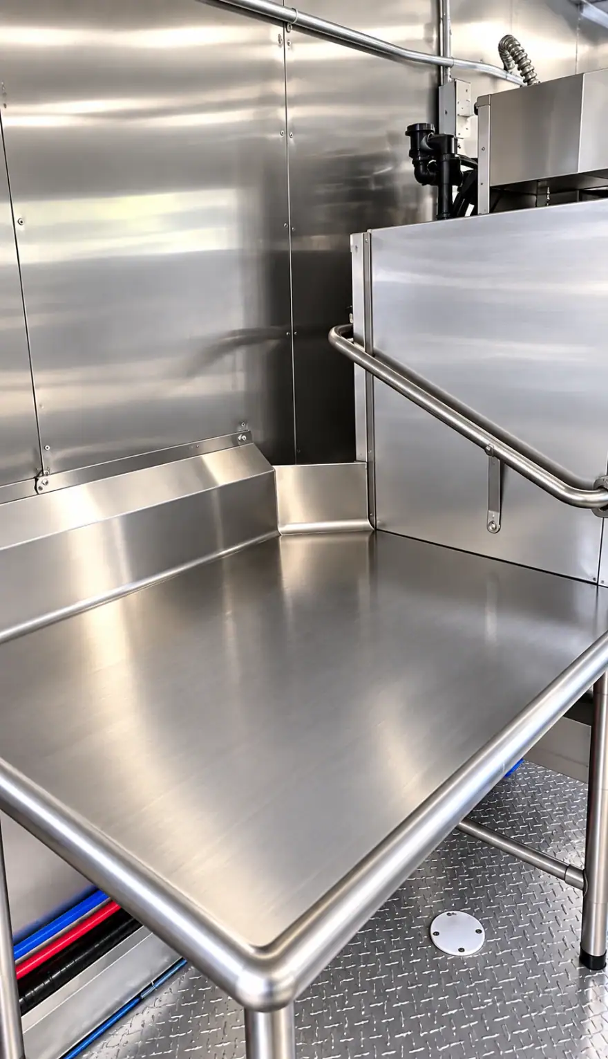 38ft Low-Temp Conveyor Dishwashing Trailer commercial dishwashing trailer: dish trailer stainless steel work table
