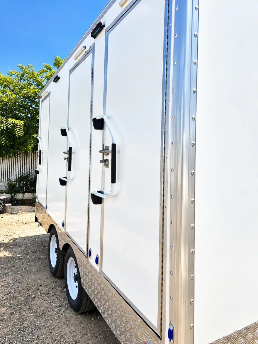 13ft Luxury Shower-Restroom Combination Trailer (3 Stalls) shower and restroom combination trailer: luxury shower restroom trailer double door exterior