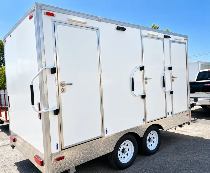 13ft Luxury Shower-Restroom Combination Trailer (3 Stalls) shower and restroom combination trailer: luxury shower restroom trailer side view