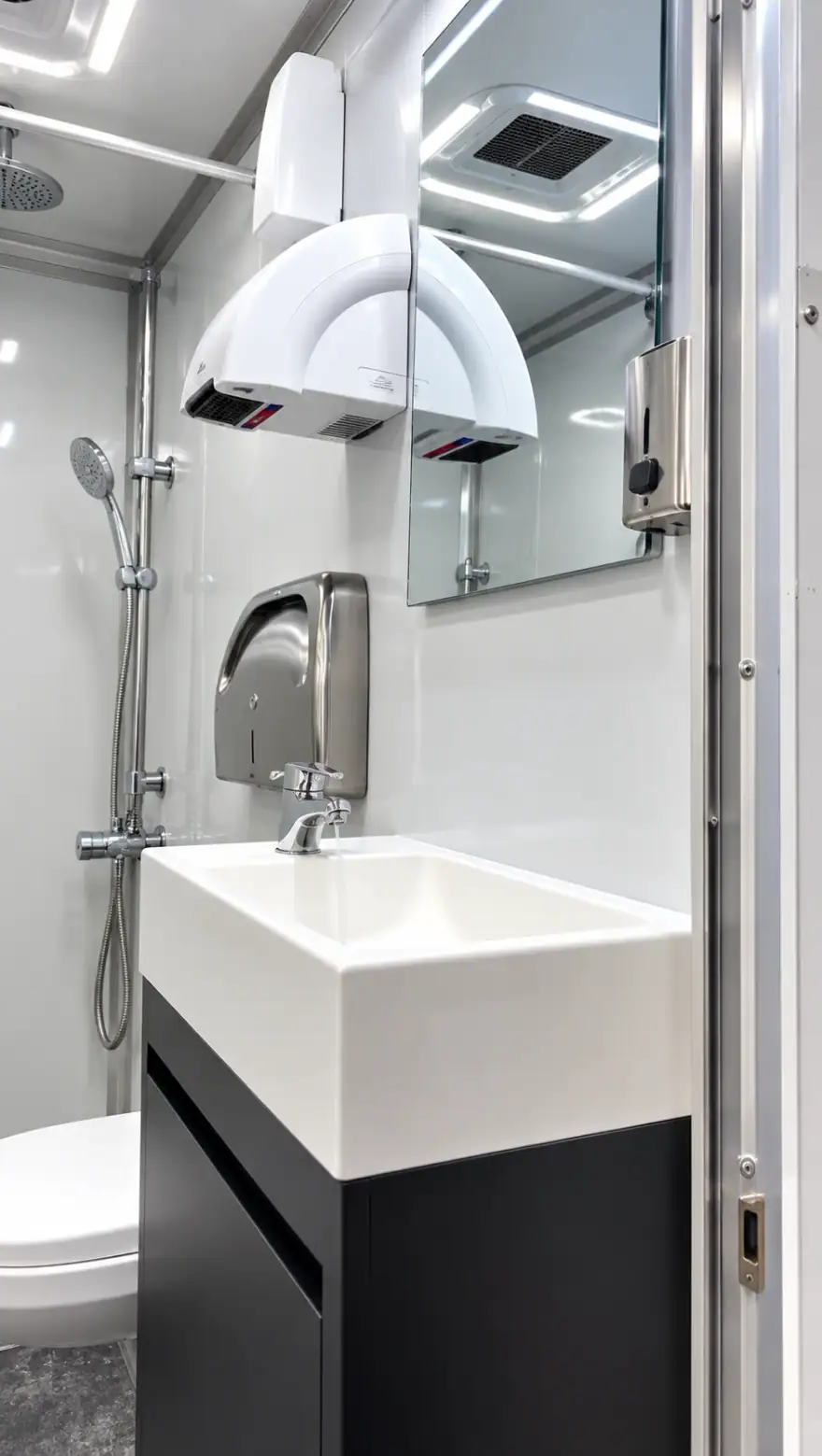 22ft Luxury Shower-Restroom Combination Trailer (6 Stalls) shower and restroom combination trailer: luxury shower restroom trailer sink vanity interior