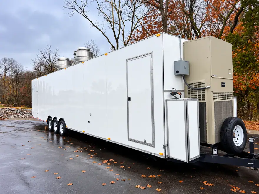 Portable mobile kitchen trailer exterior with HVAC unit ready for hookup