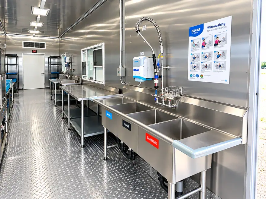 38ft High-Temp Conveyor Dishwashing Trailer commercial dishwashing trailer: mobile dishwashing trailer dishwasher work area