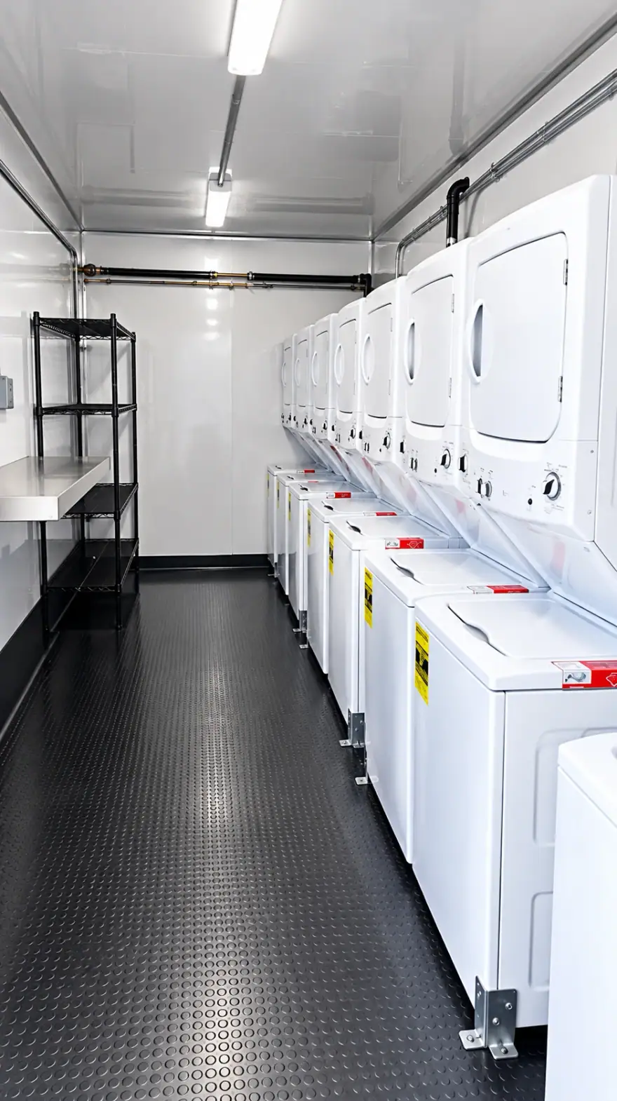 26–27ft Laundry Trailer (8 Washer/Dryer) mobile laundry trailer: mobile laundry trailer washer dryer interior
