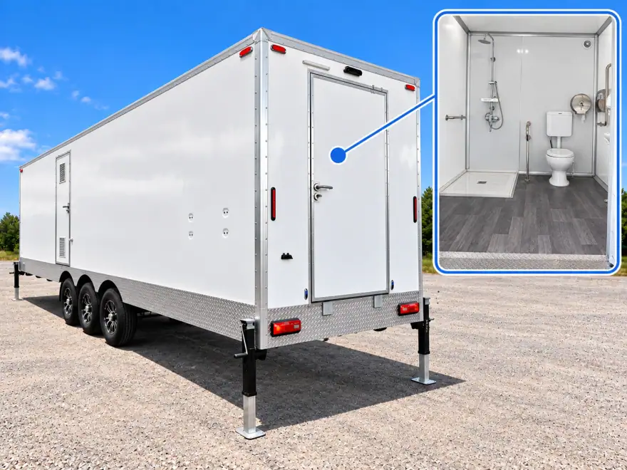 Luxury Shower-Restroom Combination Trailer (3 Stalls + 1 ADA) shower and restroom combination trailer: mobile shower restroom combination trailer side view