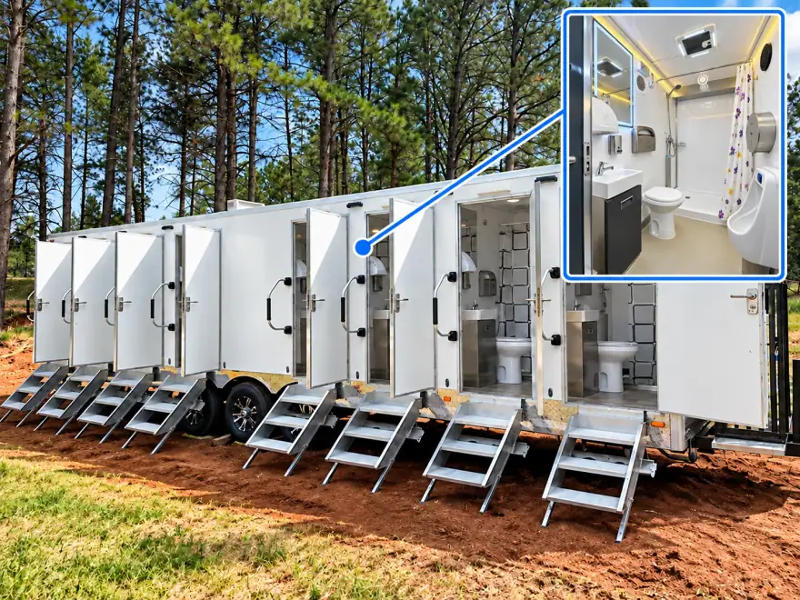 Multi-stall shower and restroom combination trailer with open doors and entry steps, with an inset of the interior available rental in Florida