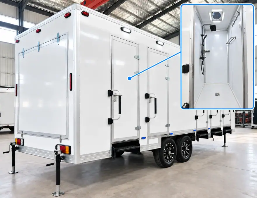 20ft Shower Container (5 Stalls) portable shower trailer: portable shower trailer multiple private stalls