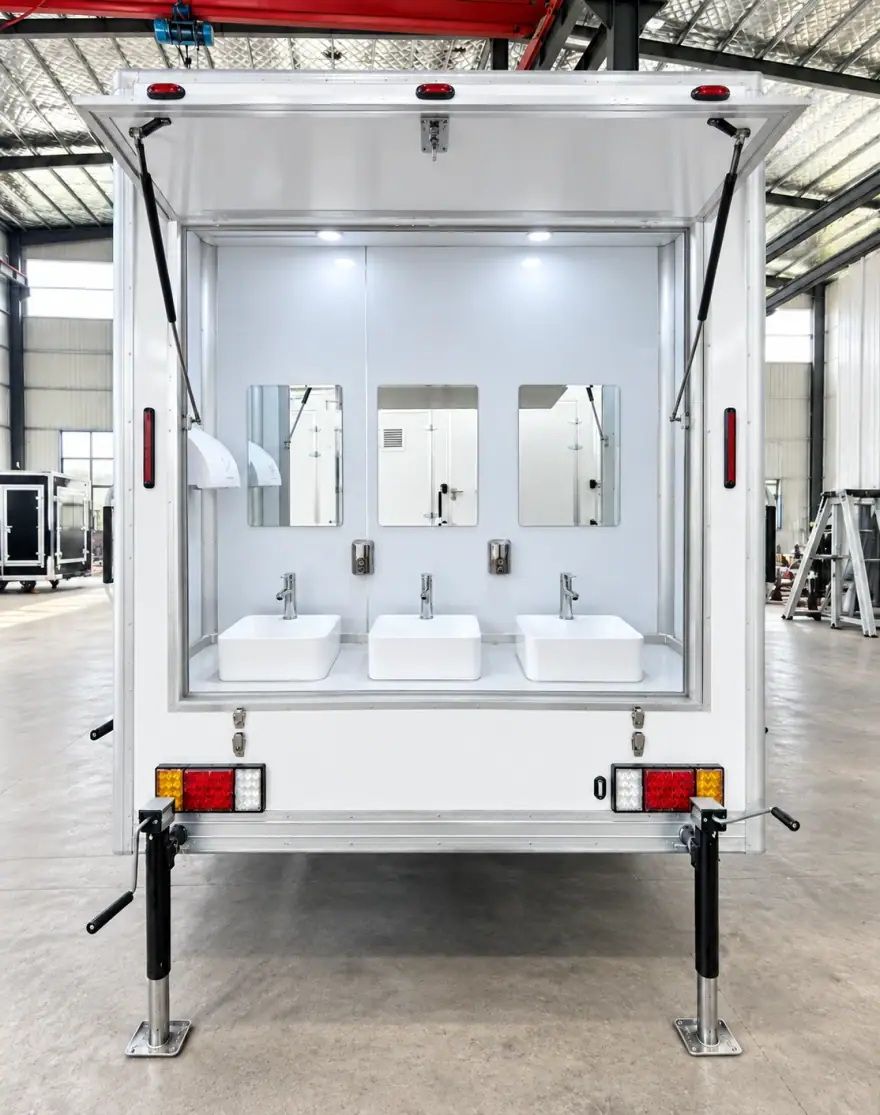 20ft Shower Trailer (10 Stalls) with Handwashing Sink portable shower trailer: private shower trailer stall interior