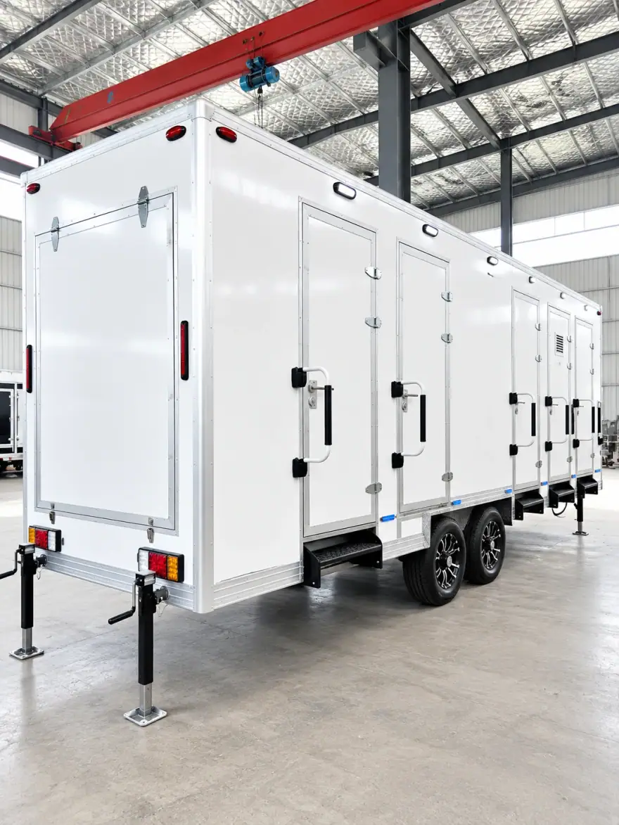 20ft Shower Trailer (10 Stalls) with Handwashing Sink portable shower trailer: shower trailer exterior with private shower stall