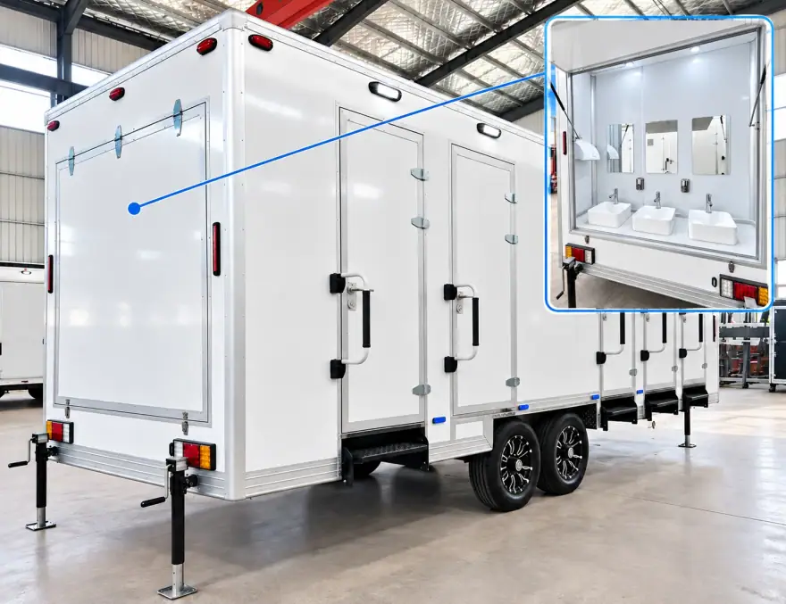 Portable shower trailer exterior with sink area for lease in Florida
