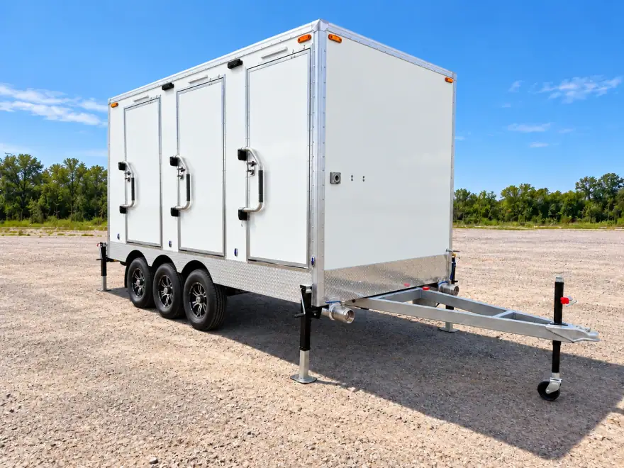 Luxury Shower-Restroom Combination Trailer (3 Stalls + 1 ADA) shower and restroom combination trailer: temporary luxury shower restroom combination trailer exterior